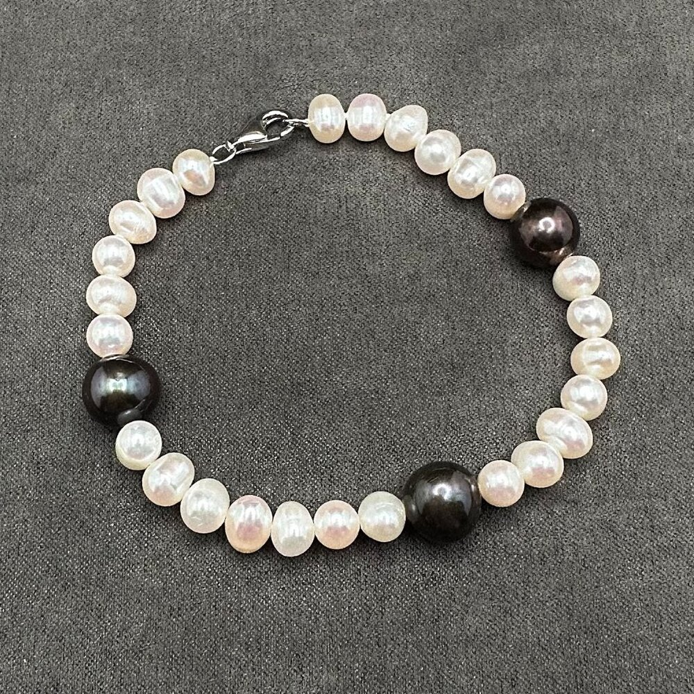 South Sea Black Tahitian Imperial Pearl Beaded Sterling Silver Bracelet 7-1/2"L